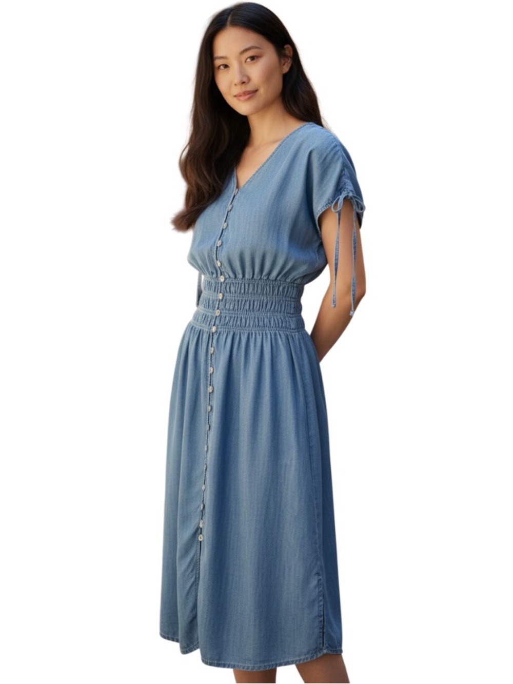Levi’s Chambray Smocked Waist Midi Dress Button Front Tencel Cottagecore XS
